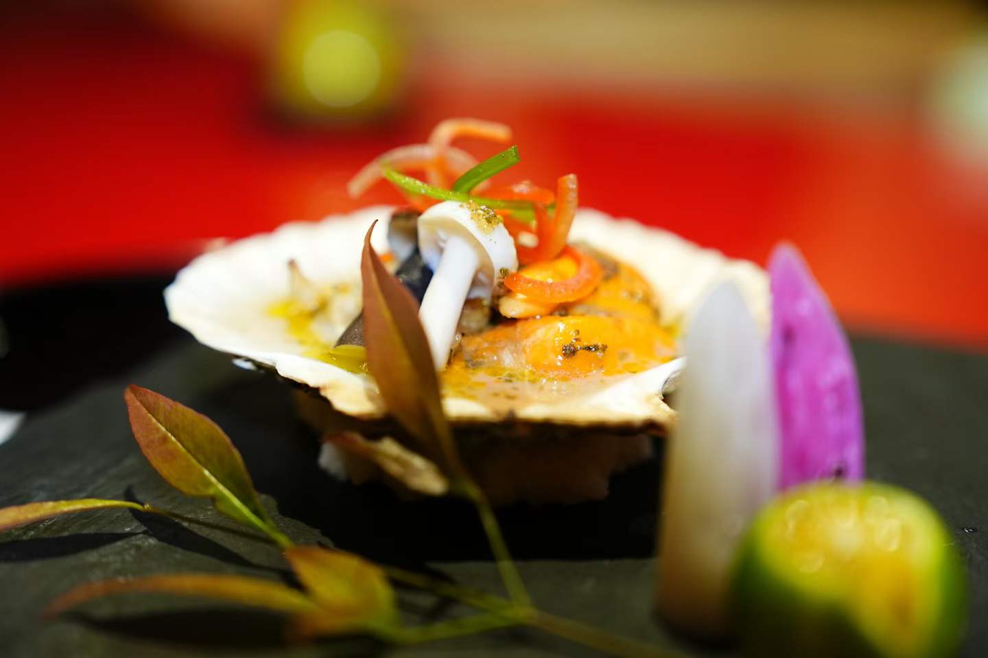 Shellfish course with seasonal garnish
